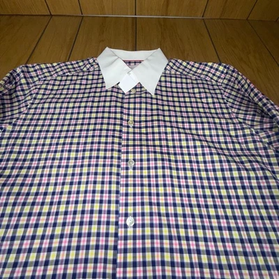 Eton Contemporary Dress Shirt Mens 16.5 LargeBlue Pink Yellow Plaid Check - Image 1 of 4