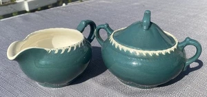 Harker Ware Pate Sur Pate Dark Teal Green Cream & Covered Sugar Set - Picture 1 of 10
