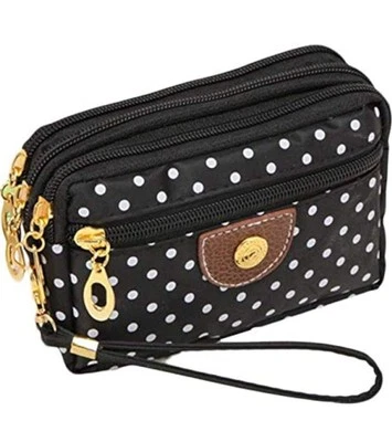 Triple Zipper Black Polka Dot  Wristlet Clutch Wallet Waterproof Cosmetic Bag - Image 1 of 4