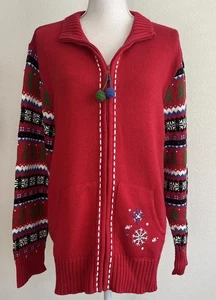 QUACKER FACTORY Red Christmas Holiday Sweater Snowflakes Rhinestones Beads | XL - Picture 1 of 11