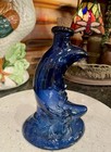 Vintage Crescent Moon Face Figural Bottle Blue Glass With Cork Stopper 6.5 Inch