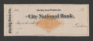 U.S. 187X BANK CHECK, CITY NATIONAL BANK, SHELBY IRON WORKS, AL W/ REVENUE RN-G1 - Picture 1 of 1