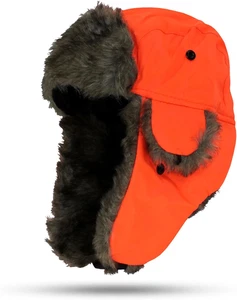 Herren Trapper Wintermütze Hunter Blaze Orange Kunstfell Gefüttert Ohrenklappe Schnellverschluss - Bild 1 von 12