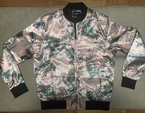 Forever 21 Mens Satin Soft Palm Green Floral Pink Bomber Jacket Size Small - Picture 1 of 10