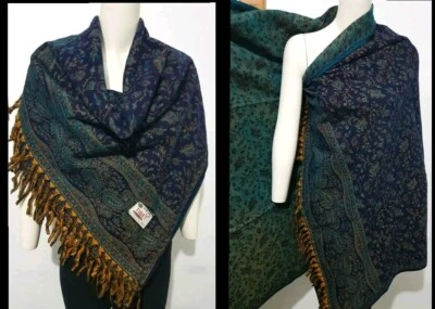 Real wool scarf/himalayan made dark blue COLOUR paisley floral print ethnic  - Image 1 of 4