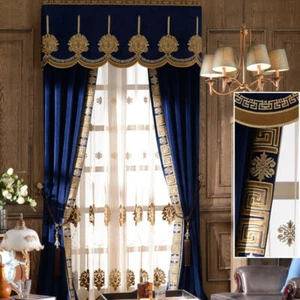 Luxus Europäisch Amerikanisch Dick Flanell Stickerei Blau Stoff Vorhang Tüll E989 - Bild 1 von 12