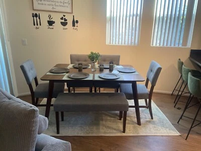 New Bettie 6 Piece Walnut & Gray Upholstered Extendable Dining Set with Bench - Image 1 of 4