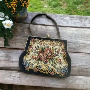 Vtg Tapestry Purse Petite Needle Point Floral Embroidery Clutch Kiss Closure - Picture 1 of 8