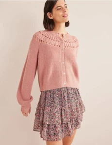 New Boden Fluffy Ruffle Cardigan Womens M Dahlia Pink Sweater Wool Blend - Picture 1 of 9