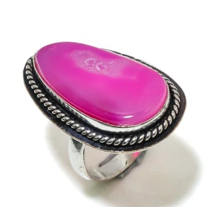 Pink Druzy Slice Gemstone 925 Silver Plated Jewelry Ring US Size 7.5 - Picture 1 of 4