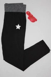 NEW Girls Leggings XS 4 - 5 Black Stretch Pants Soft Silky Gray Waistband Star - Picture 1 of 2