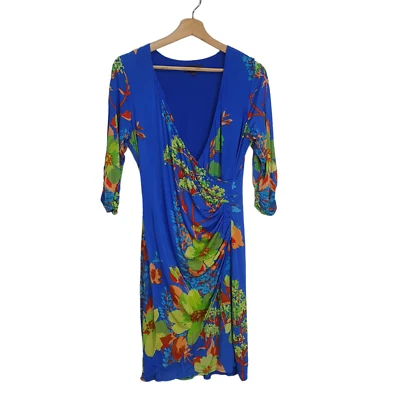 Vestido Hale Bob Talla M Azul Estampado Tropical Slinky Jersey Manga 3/4 Imitación Envolvente Foto 1 de 4