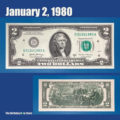 January 2, 1980 Birthday Anniversary $2 Two Dollar Bill Serial Number 01021980 - Image 1 of 2