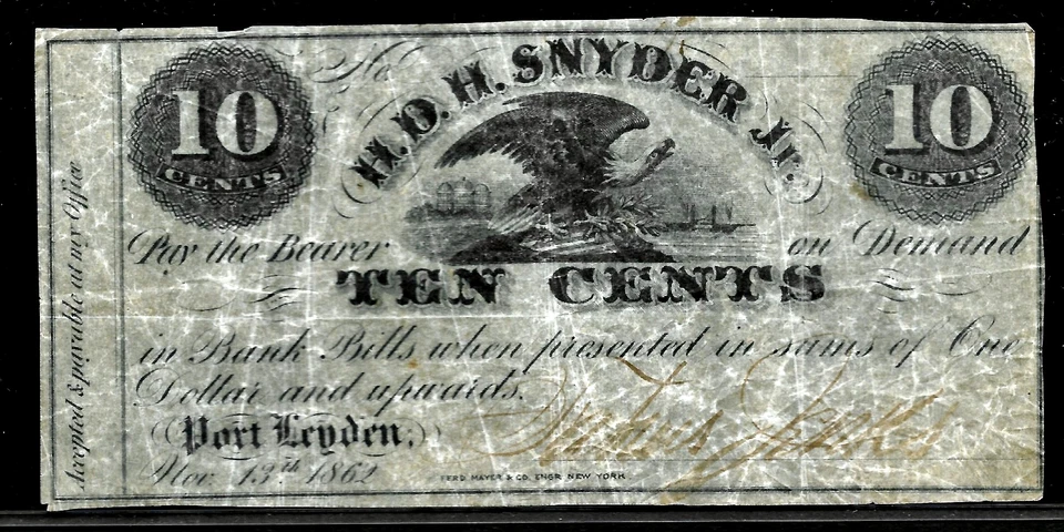 Nov 13, 1862 NY Port Leyden H D H Snyder Jr Civil War Era 10¢ Scrip Note - Image 1 of 2