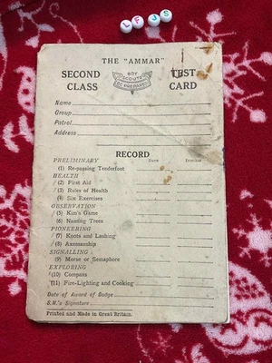 Antique 1947 THE AMMAR BOY SCOUTS SECOND CLASS TEST CARD - Image 1 of 4