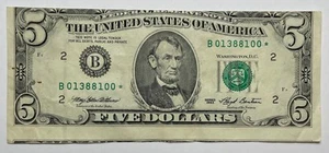 1993 $5 FR Note SN B01388100* UNC "OFF Center CUT" - Picture 1 of 2