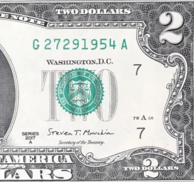 G 2729 1954 A : TRAILING YEAR 1954 $2 Two Dollar Bill Serial Number - Image 1 of 3
