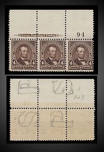 1895 ABRAHAM LINCOLN 4C.BORDER PLATE NO 94 IMPRINT STRIP OF 3 MNH SCOTT.269 - Picture 1 of 1