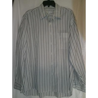 Camisa social Perry Ellis Portfolio clássica listrada abotoada cinza branca 17 34/35 - Imagem 1 de 3