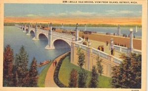 Postal MI: Belle Isle Bridge, Detroit, Michigan, lino vintage años 40 - Imagen 1 de 2