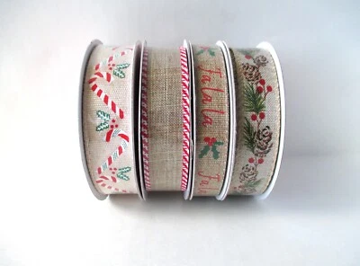 (4) Rolls Celebrate It Ribbon Christmas Holiday Red, white, burlap, green  7/8" - Image 1 of 4