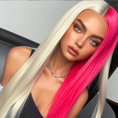 Pelucas largas rectas medio rubias medio rosa encaje delanteras pelucas sintéticas suaves sin pegamento Foto 1 de 3