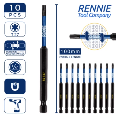 RENNIE TOOL COMAPNY 10 Pack T27 Torx 100mm Long Magnetic Impact Duty Screwdriver Drill Driver Bits