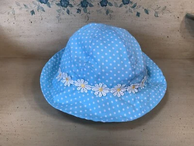 Infant Girls Bonnet Sun Hat Sky Blue W/ White Polka Dots & Daisies OSFM Foto 1 de 4