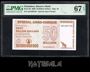 ZIMBABWE 50 BILLION DOLLARS 2008 Pick-63 PMG 67 SUPERB GEM UNC AGRO-CHEQUE - Picture 1 of 2