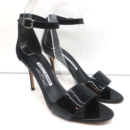 MBT Sandali Manolo Blahnik Tres cinturino alla caviglia neri in pelle verniciata taglia 39