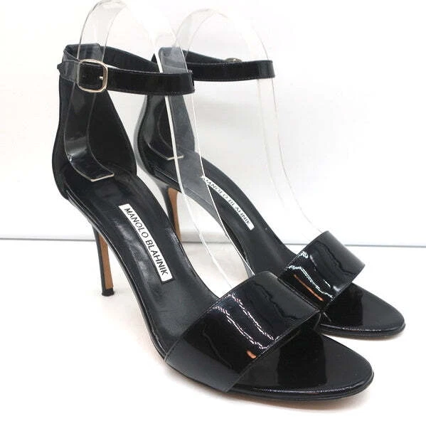 Sandálias Manolo Blahnik Tres tira no tornozelo couro envernizado preto tamanho 39 - Imagem 1 de 4