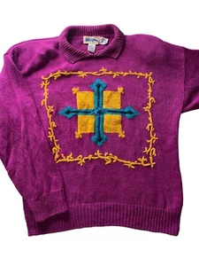 Vintage 80s American Weekend Pink Knit Cross Sweater Women’s Size L Ramie Blend - Picture 1 of 9