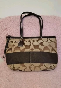 Coach Signature Jacquard Brown Khaki Logo Handbag Purse F13548 - Picture 1 of 6