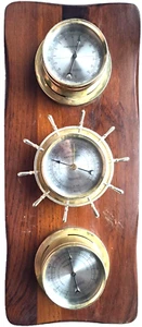 Vintage Messing Wetterstation Thermometer, Hygrometer, Barometer auf Holzplakette - Bild 1 von 9