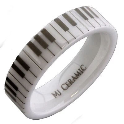 White Ceramic engraved Piano Keyboard Ring Comfort Fit Band Musician Music  - Image 1 of 4