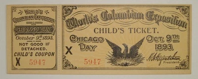 Boleto infantil de la Expo Colombina Mundial de 1893 completo con trozo nítido sin circular Foto 1 de 4