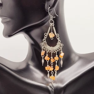 Southwest Style Carnelian Bead Silver Tone Pierced Crafted Chandelier Earrings - Picture 1 of 24