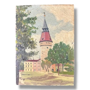 Vintage SCHWERTL Ölgemälde Falterturm Bavaria Germany signiert Holz Mid Century - Bild 1 von 11