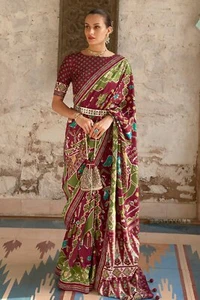 Maroon and Green Swarovski Silk Patola Saree - Picture 1 of 2
