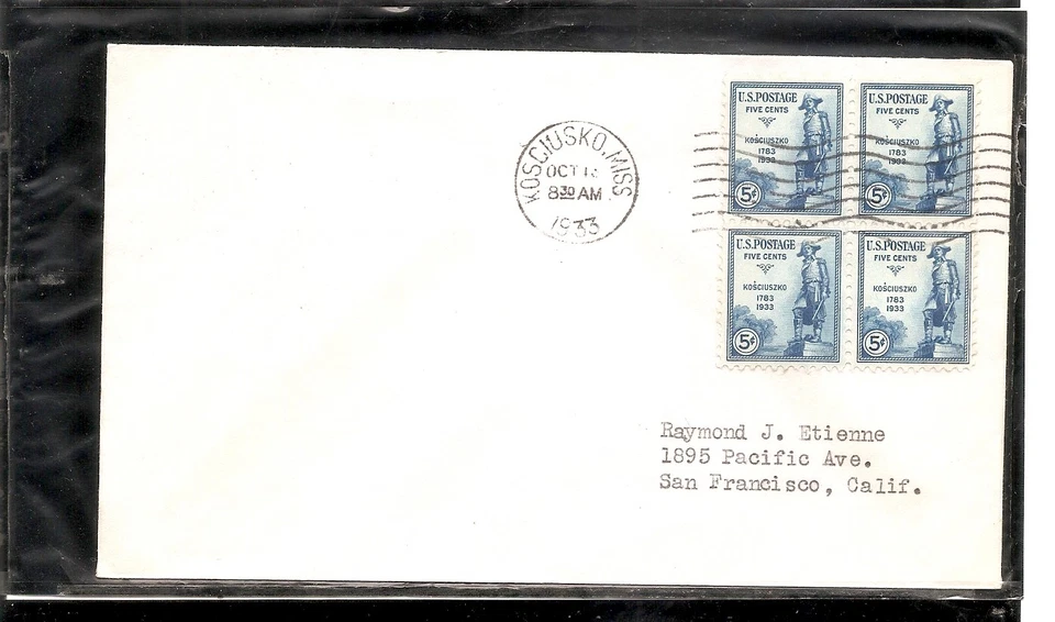 US SC # 734 Kosciusko FDC.  No Cachet - Image 1 of 1