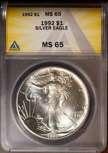 1992 $1 Silver American Eagle MS 65 New ANACS # 7490136 + Bonus Gem - Picture 1 of 2