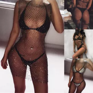 Fishnet Diamond Beach Cover Up Women Bikini Crystal Cover Up Dress Hollow Out - Picture 1 of 7