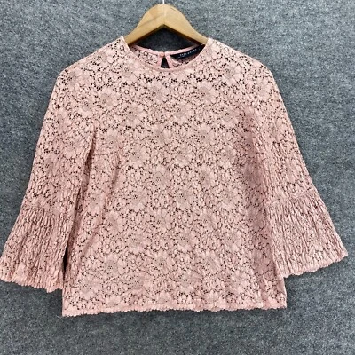 Zara Blouse Women XS Pink Floral Crochet Crew Neck Long Sleeve Hook & Eye Cotton - Image 1 of 4