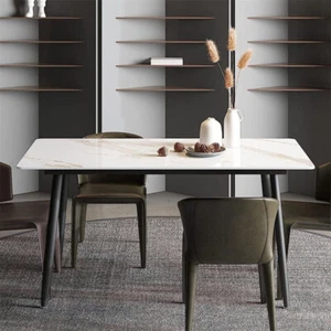 Contemporary Kitchen Dining Table High Gloss Marble Tabletop w/Tapered Metal Leg - Picture 1 of 37