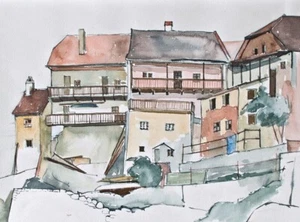 Krumlow Ceský Krumlov República Checa vista única Sonja desiertos acuarela 1986 - Imagen 1 de 2