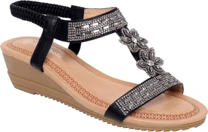 Womens Low Wedge Sandals Elastic Strappy Summer Open Toe Comfort Shoes UK Size - Picture 1 of 16