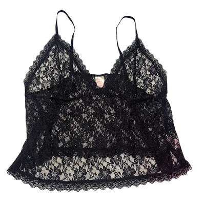 Y2K Vintage Black Floral Lace 3X Alt Fairy Whimsy Goth Coquette Cami Crop Top - Image 1 of 4