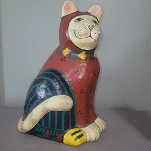 Vtg Paper Mache White Cat W/Red & Green Blue Floral Handmade & Painted Thailand - Picture 1 of 16