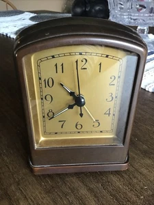 Pottery Barn Desk Clock Retro Art Deco Style Brushed Nickel Bronze WORKS - Picture 1 of 3