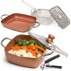 6 Pcs Copper Chef Cookware Non Stick Deep Frying Pan 9.5" x 3.5", Fry Basket,... - Picture 1 of 9